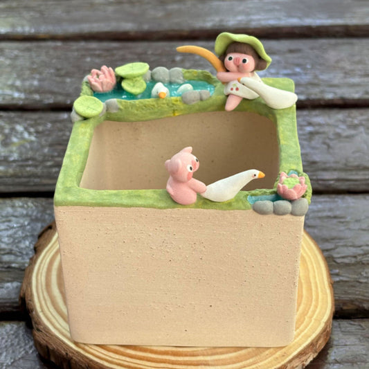 Country Life with Piggy 2- Handmade Succulent Pot/Medium